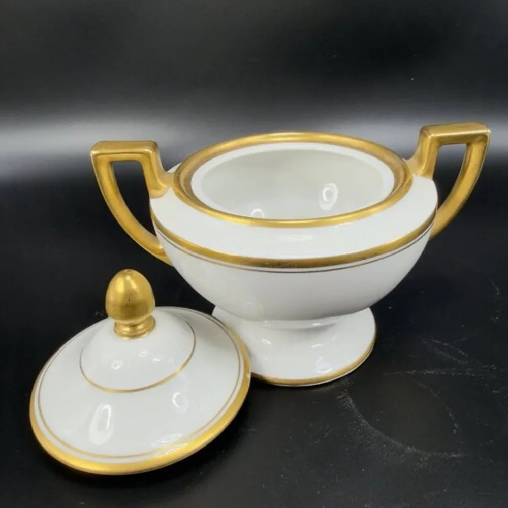 Antique Bavaria Tirschenreuth Fine Porcelain Sugar And Creamer Set Gold Trim VTG